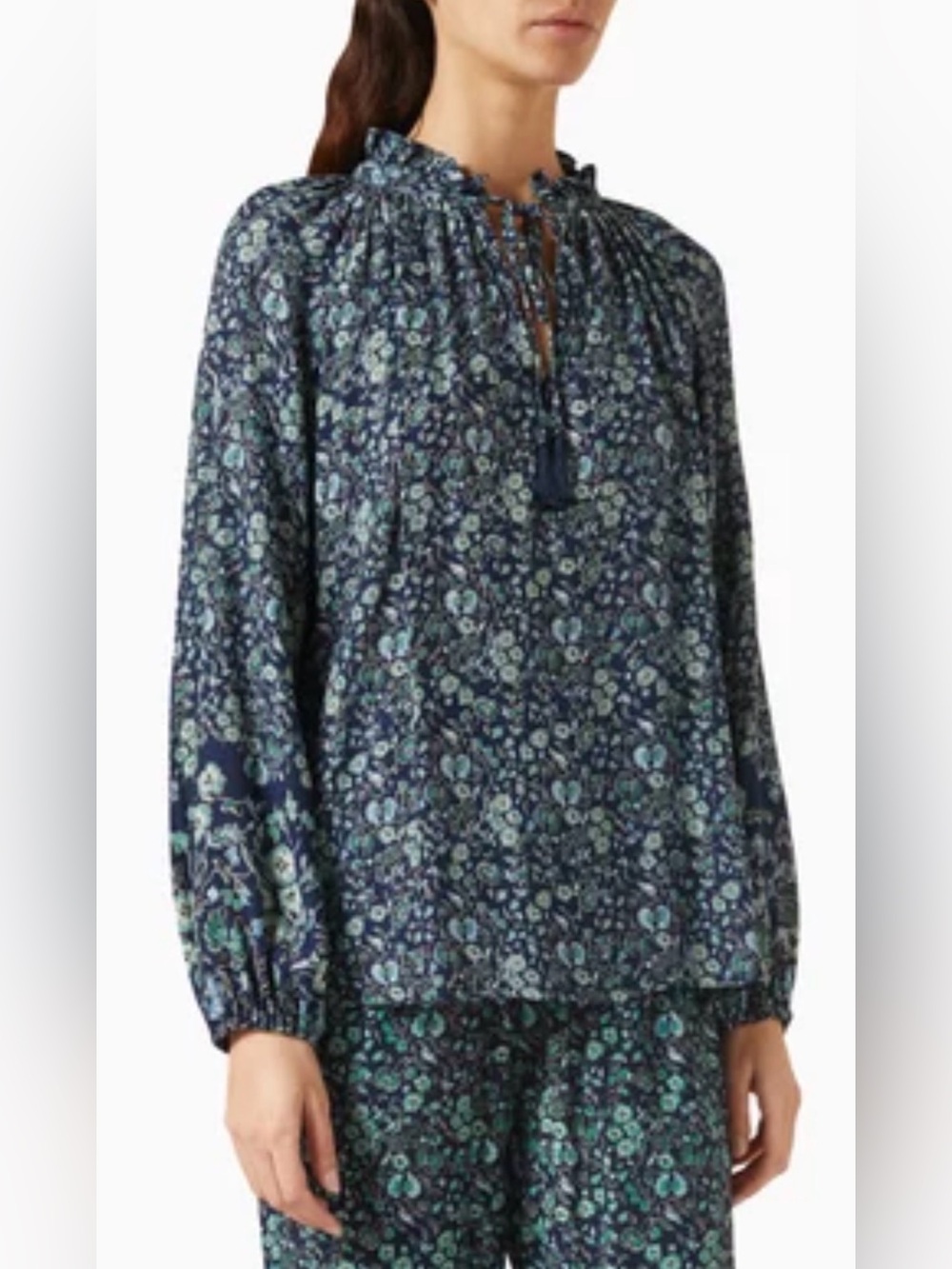 Natalie Martin NWT Penny Floral-print Tassle Blouse in Petite Fleur Marine Sz L